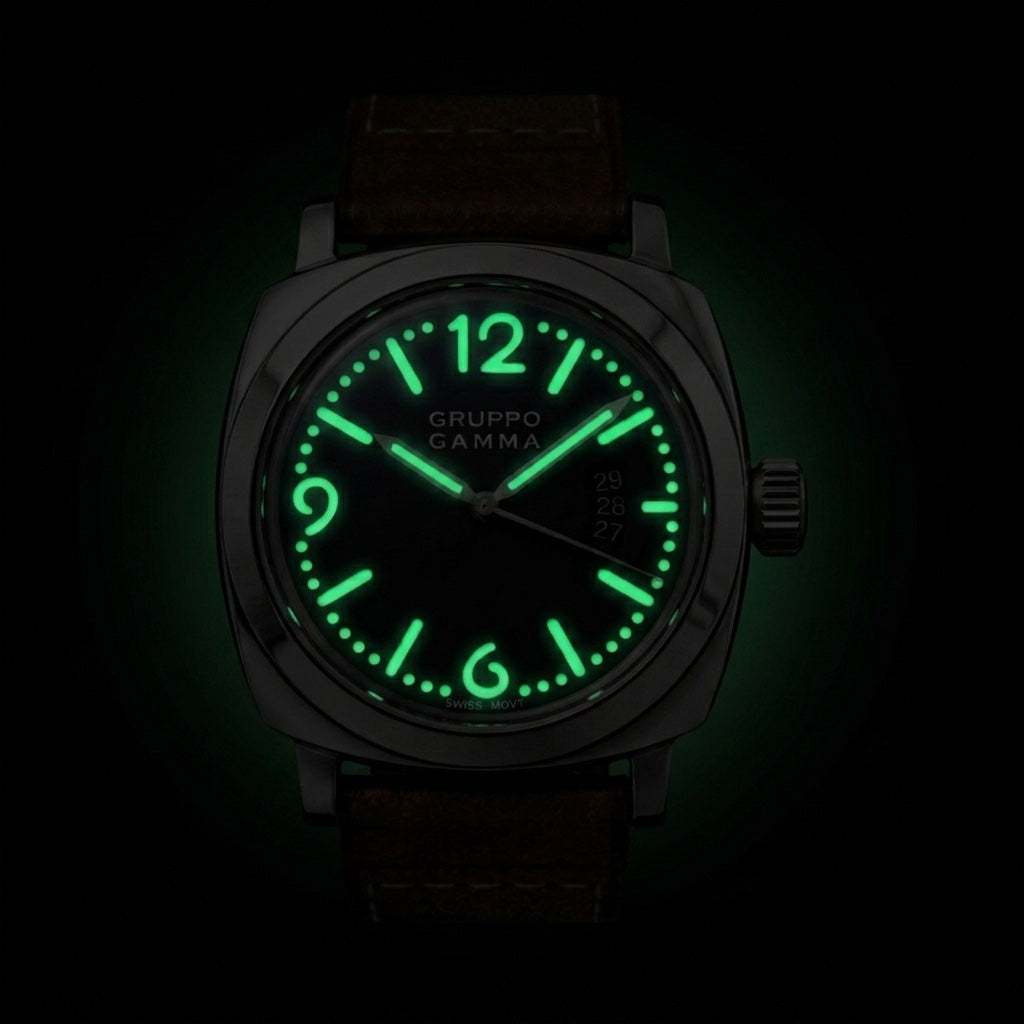 A wristwatch with a dark gunmetal case, a brown leather strap, and a glowing green luminescent dial and hour markers, shown against a pitch-black background.