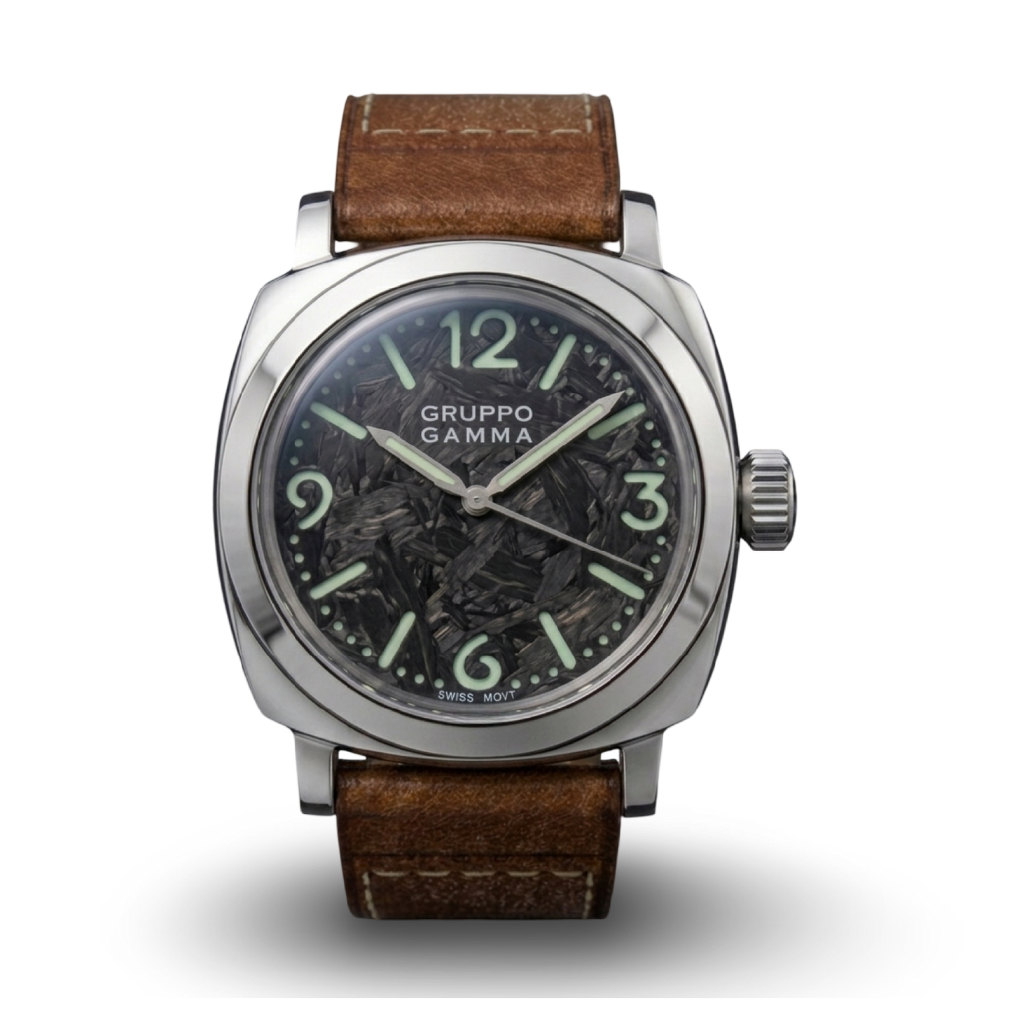A Gruppo Gamma wristwatch with a polished stainless steel case, luminous forger carbon dial with C3 markers, and a brown leather strap.