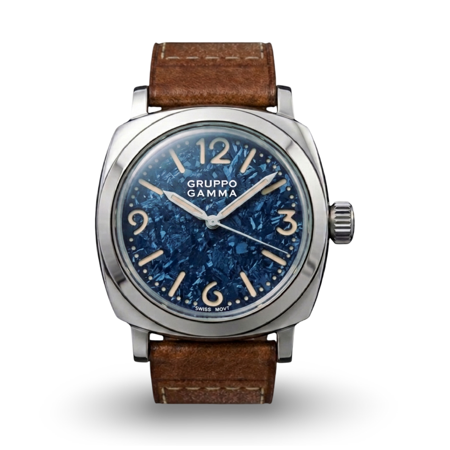 A Gruppo Gamma wristwatch with a steel cushion-shaped case, blue crystallised titanium dial, and a brown leather strap.