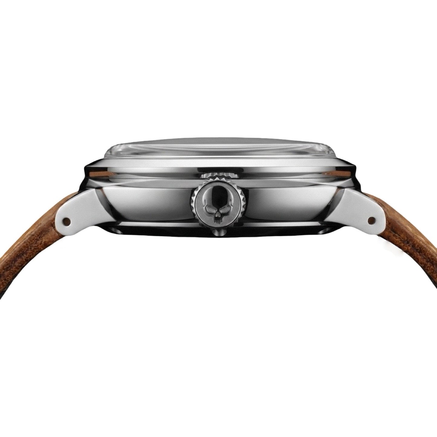 Close-up side view of a wristwatch with a polished stainless steel case and a brown leather strap on a white background.