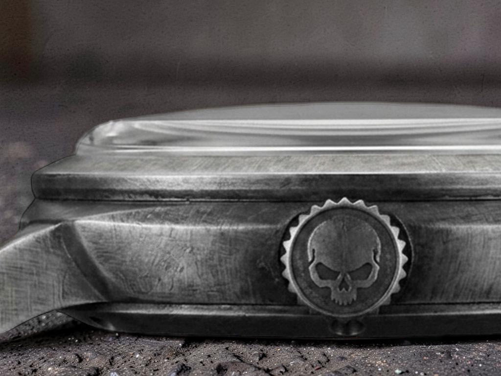 Close-up of a dark aged steel metallic watch case with a circular skull emblem on the side.