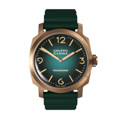 Watch with green strap and bronze case on a white background