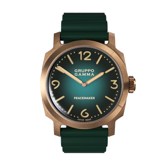 Watch with green strap and bronze case on a white background