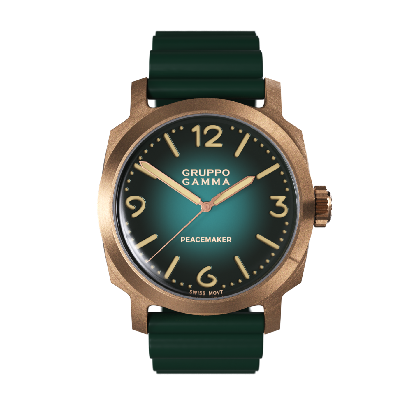 Wristwatch with green strap and bronze case on a white background