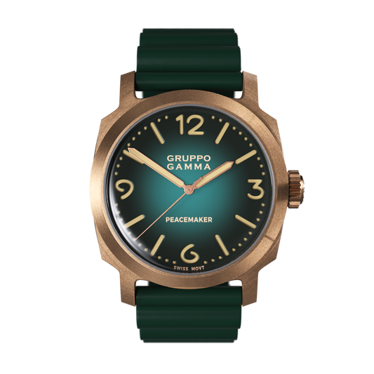 Wristwatch with green strap and bronze case on a white background