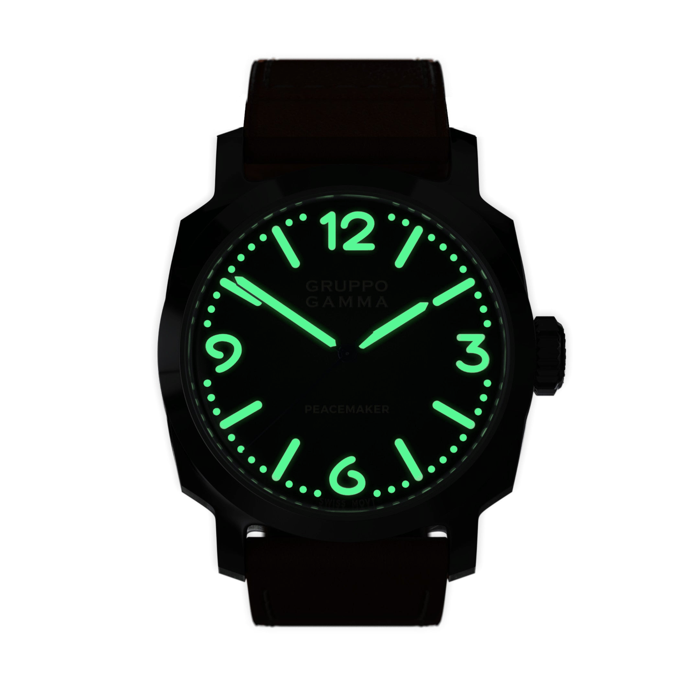 Black watch with green glowing face on a white background