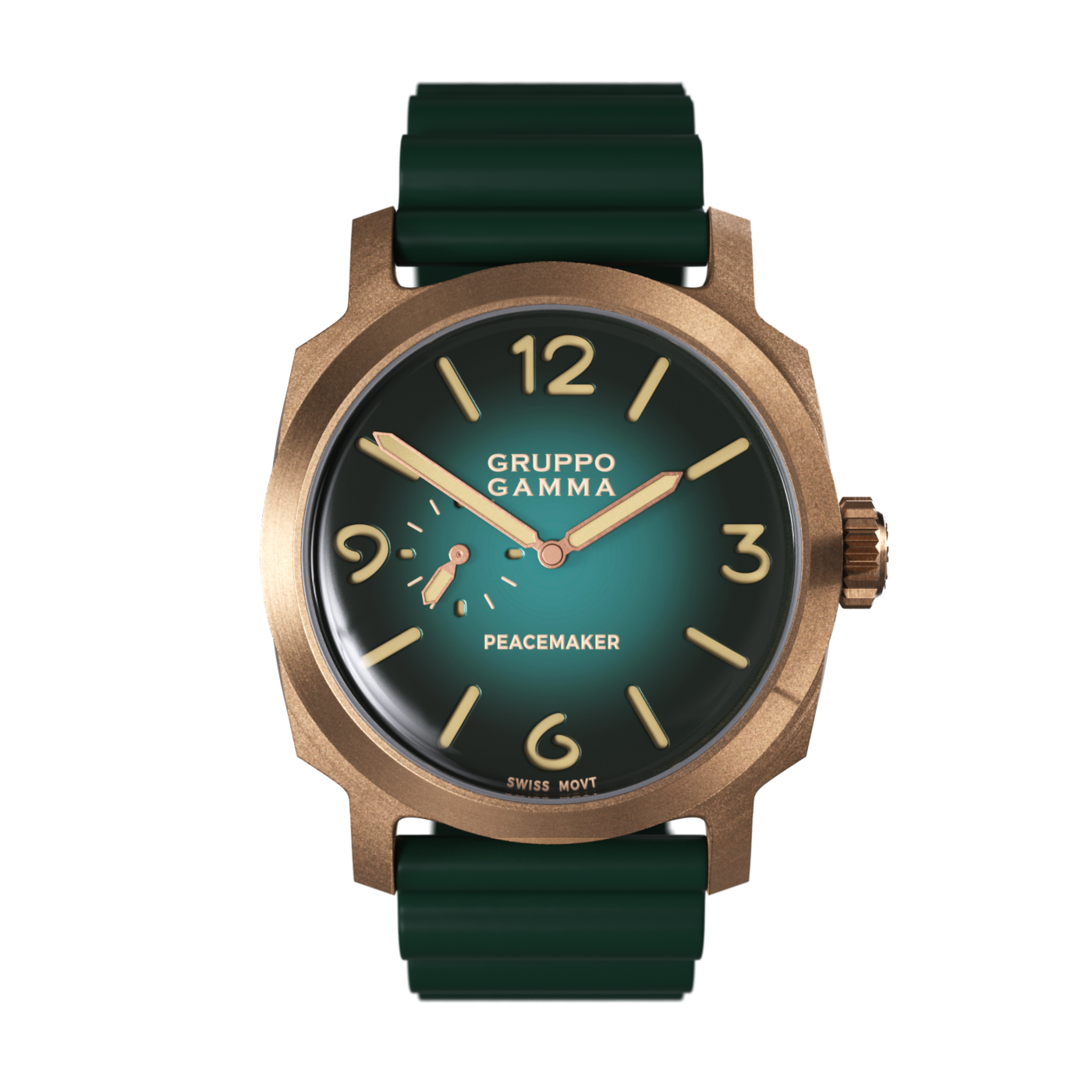 Watch with green strap and bronze case on a white background