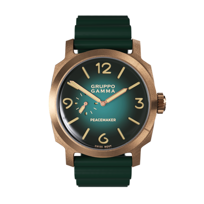 Watch with green strap and bronze case on a white background