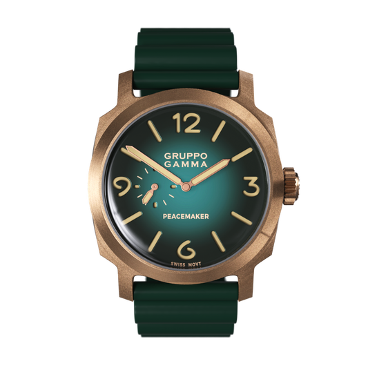 Watch with green strap and bronze case on a white background