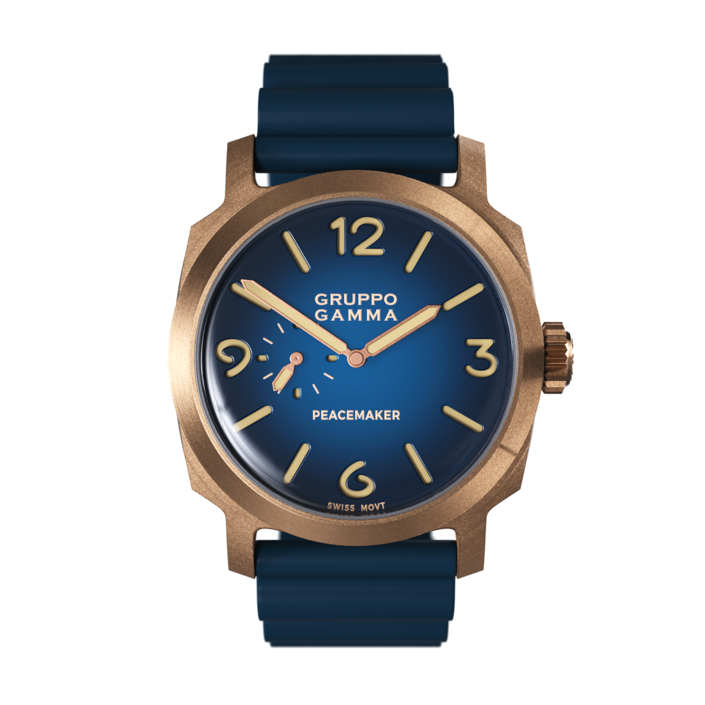 Wristwatch with blue strap and bronze case on a white background
