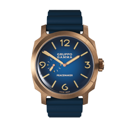 Wristwatch with blue strap and bronze case on a white background