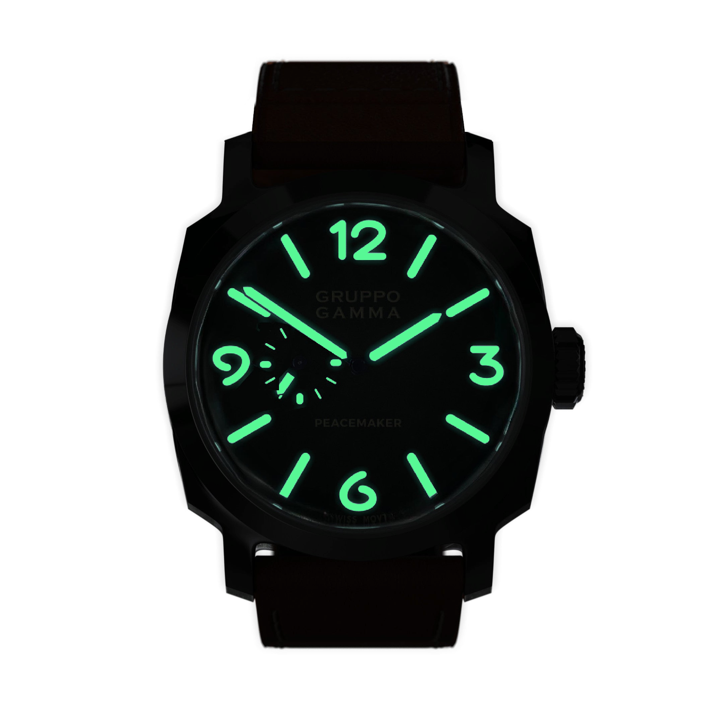 Black watch with green glowing numbers on a white background