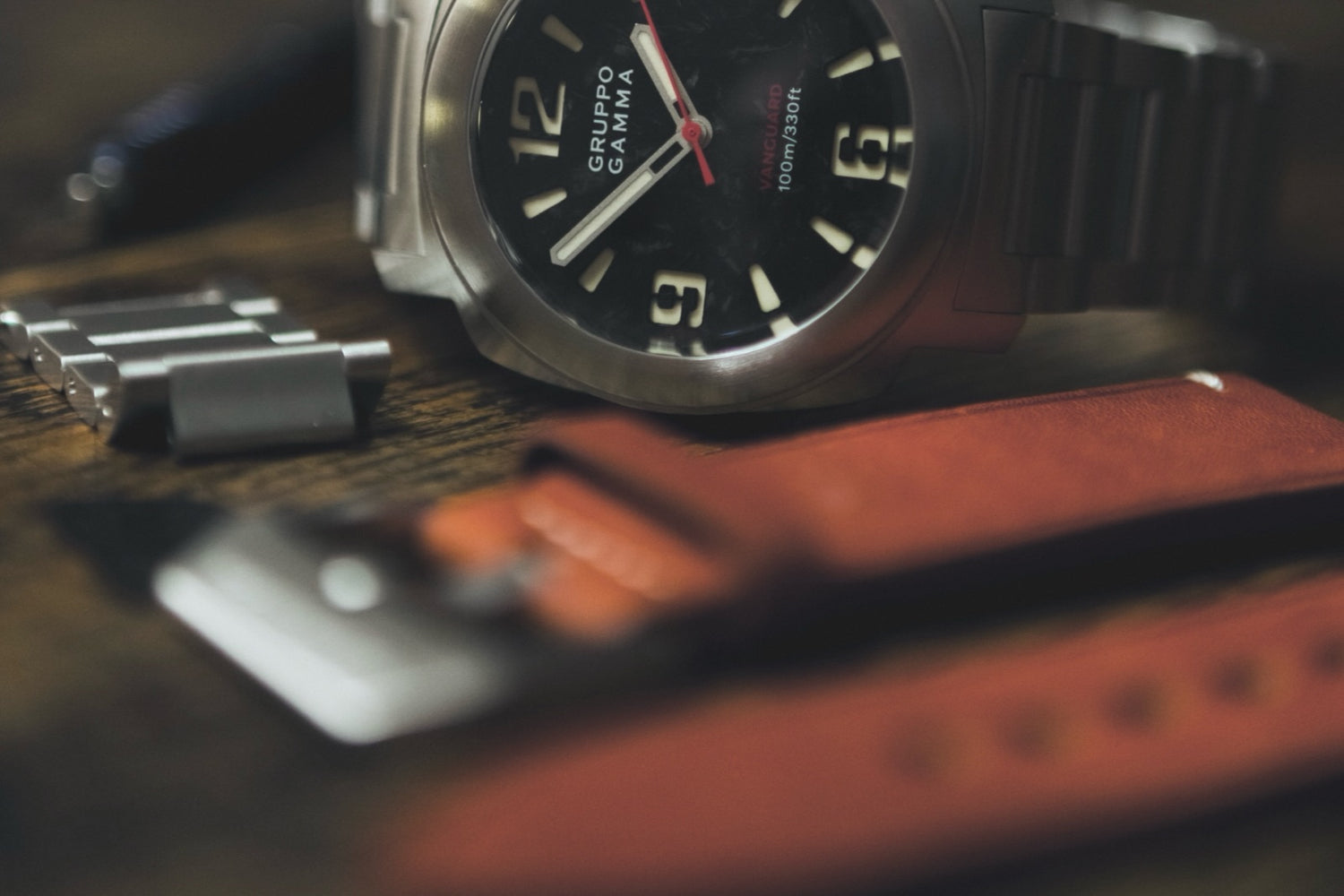 Leather watch strap with steel buckle