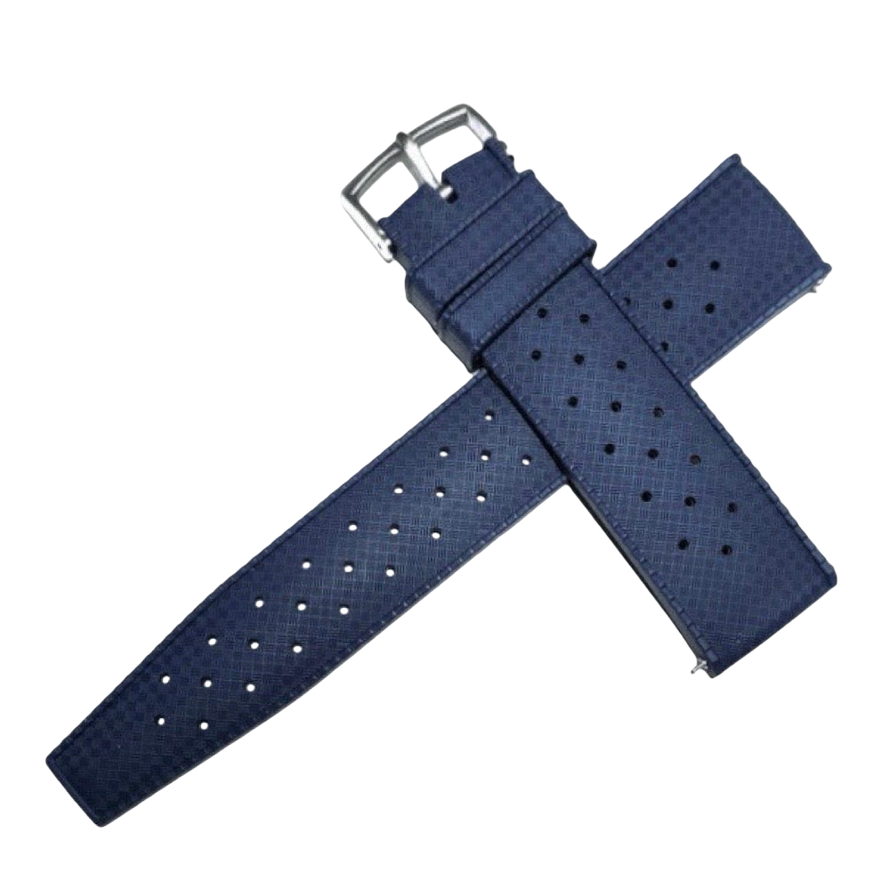 Navy blue perforated watch strap with silver buckle on a white background