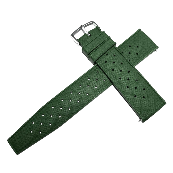 Green watch strap with silver buckle on a white background