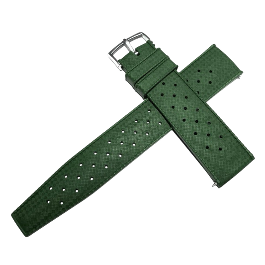 Green watch strap with silver buckle on a white background