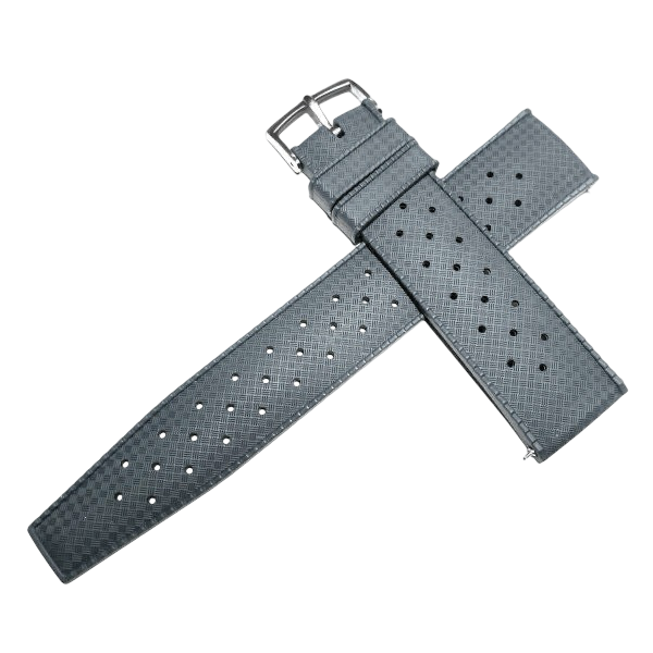 Gray perforated leather watch strap on a white background