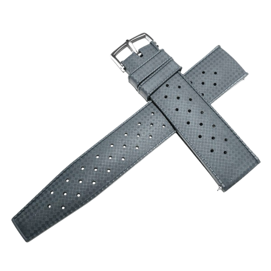 Gray perforated leather watch strap on a white background
