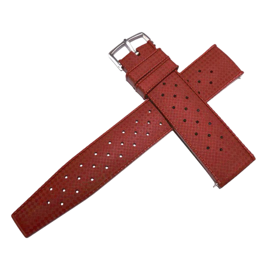 Red watch strap with silver buckle on a white background