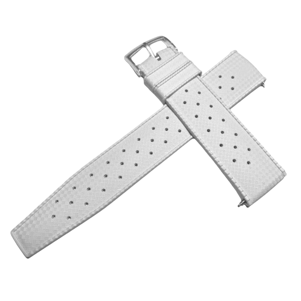 White perforated leather watch strap on a white background