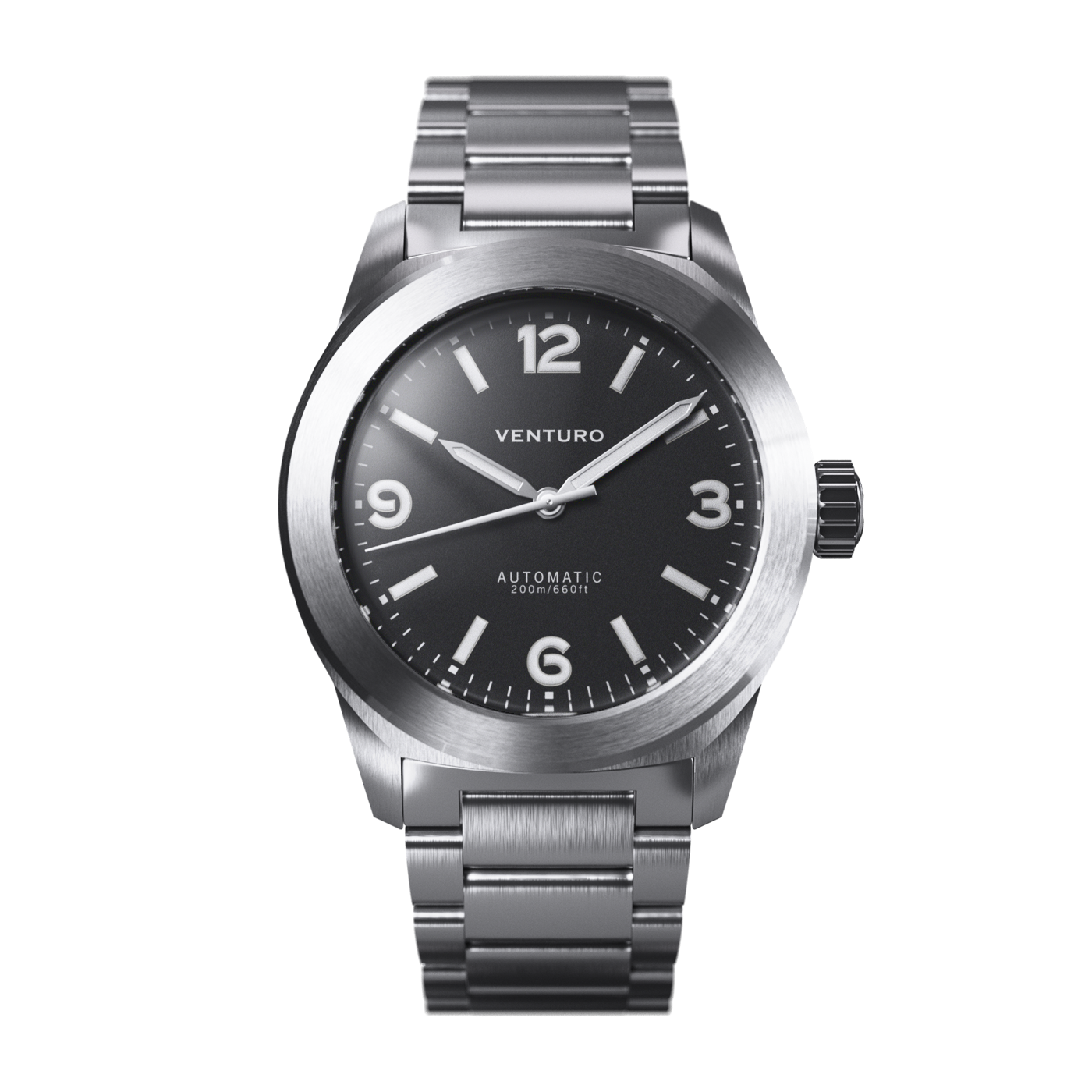 Silver watch with black dial on a white background
