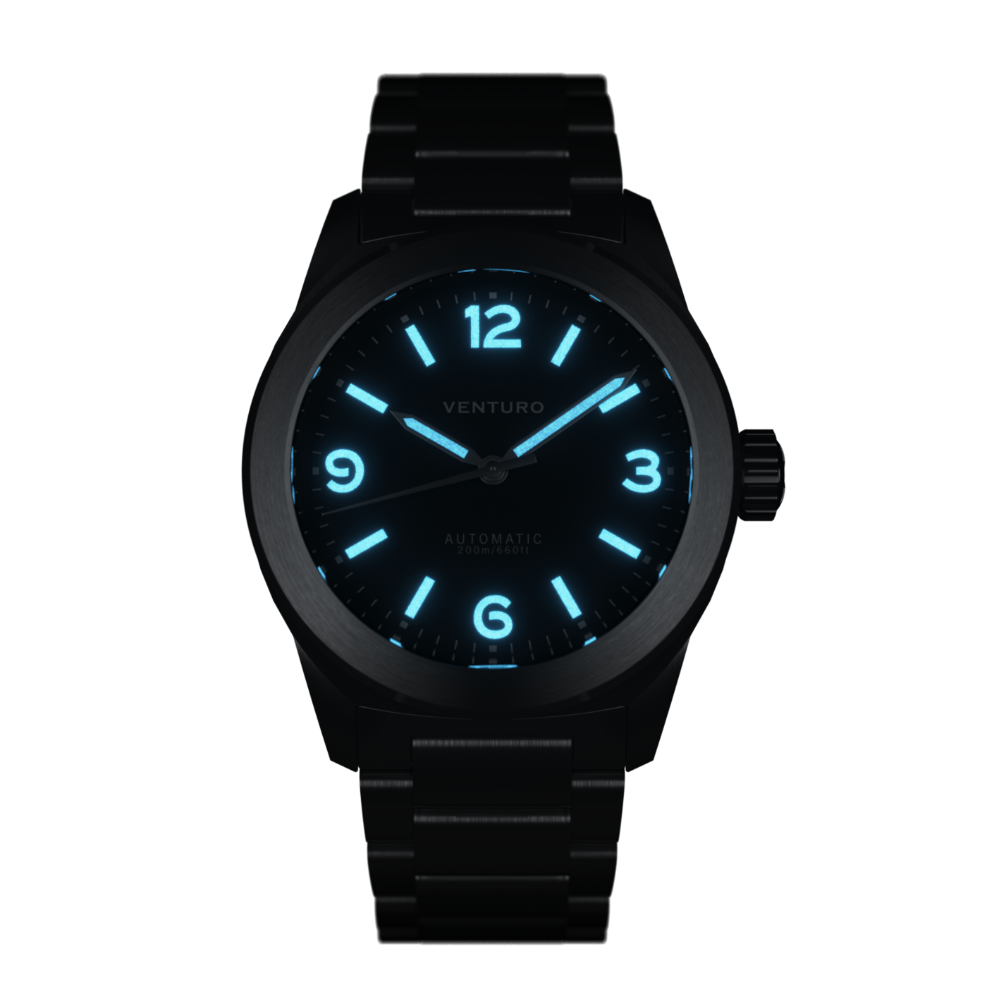 Black watch with glowing blue face on a white background
