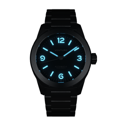 Black watch with glowing blue face on a white background