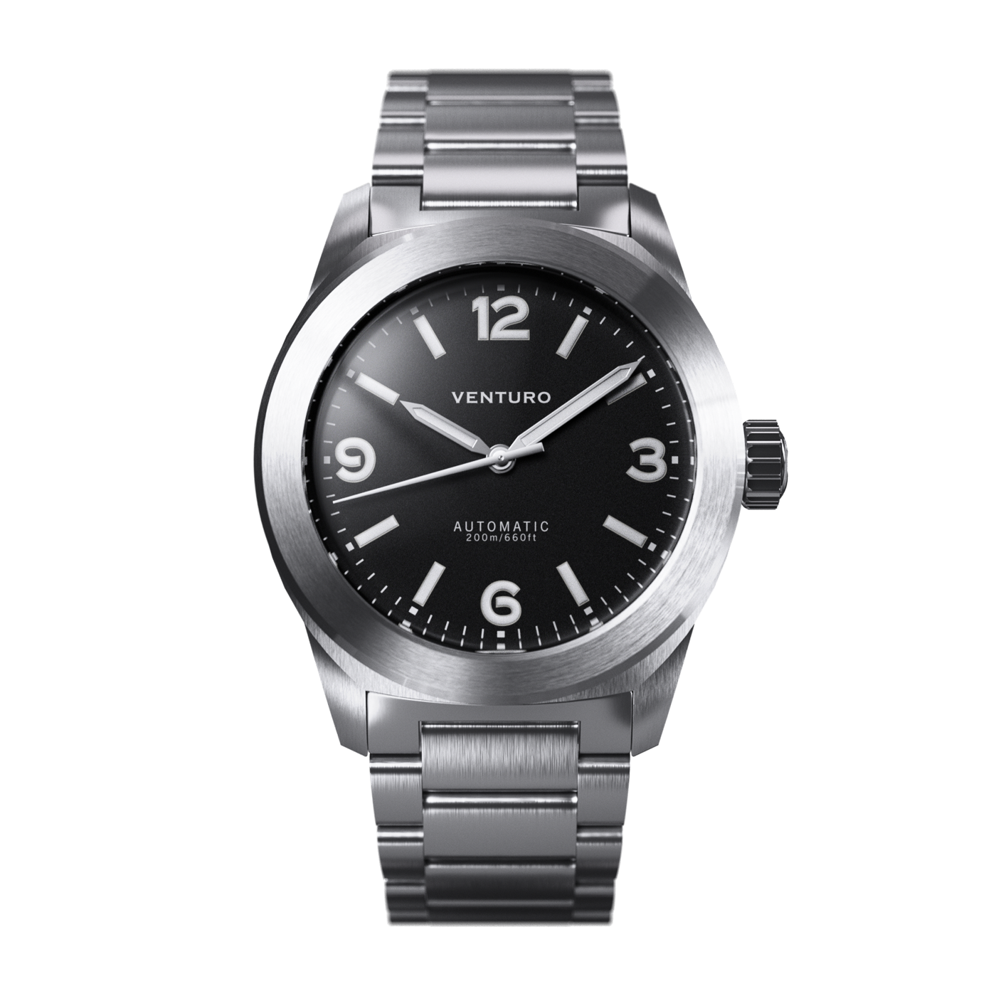 Silver watch with black dial on a white background