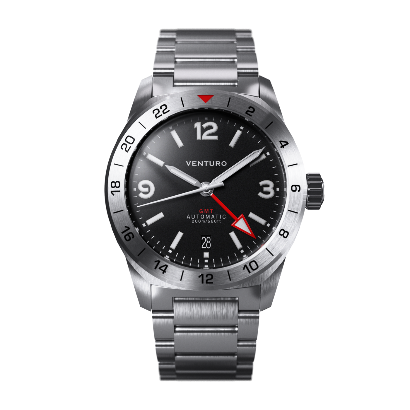 Silver watch with black dial and red accents on a white background