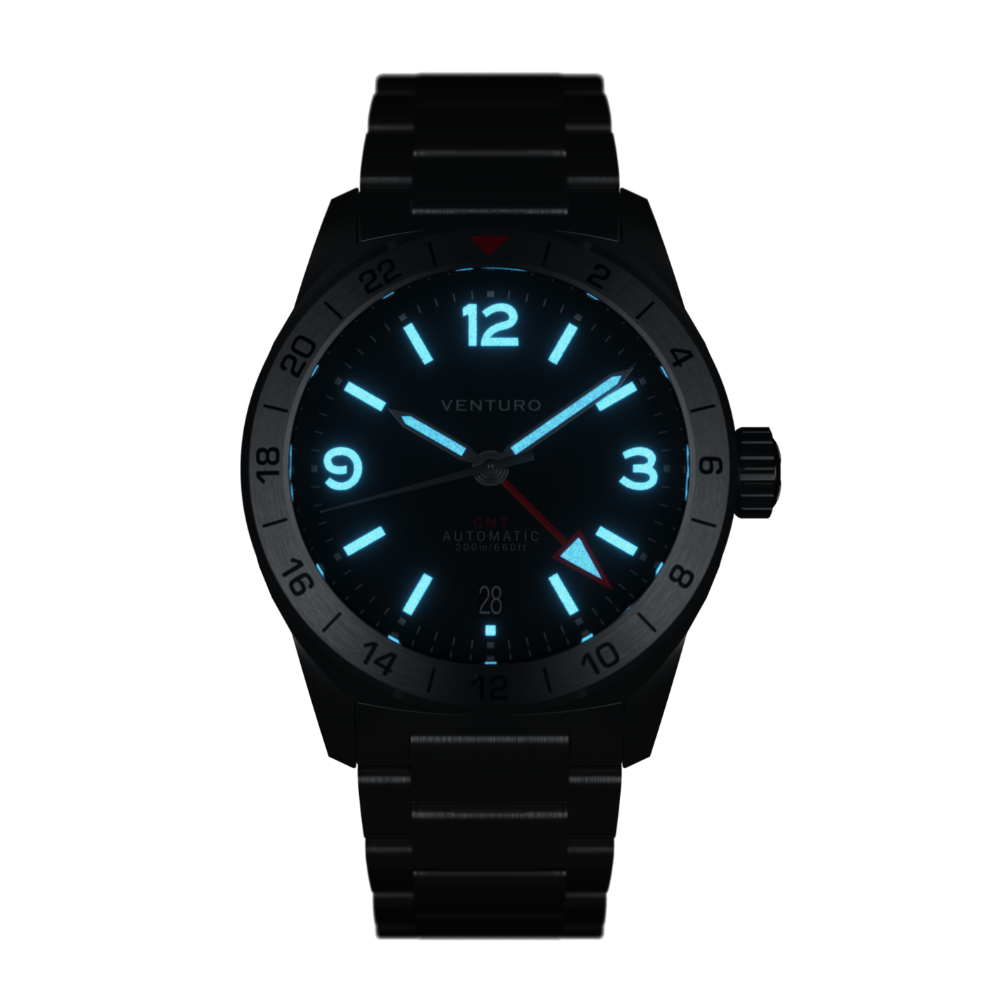 Black wristwatch with glowing blue face on a white background