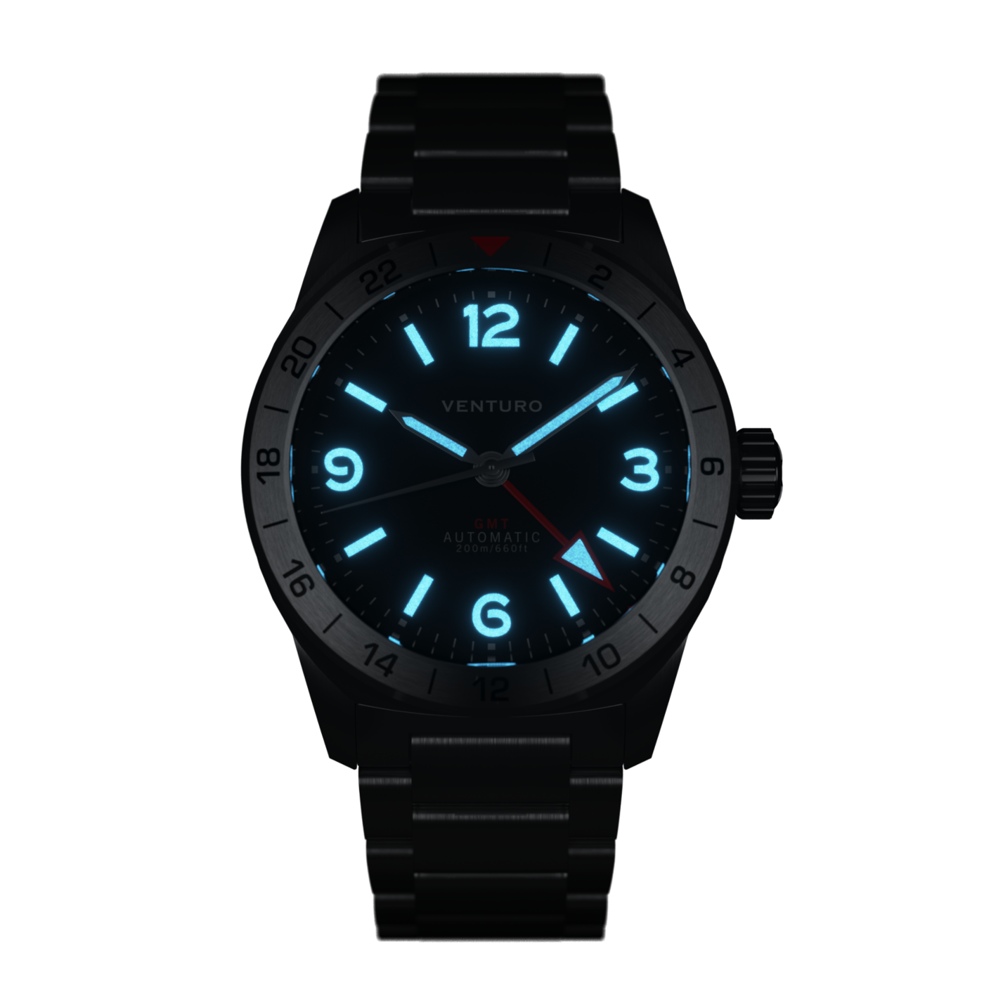 Black wristwatch with glowing blue numbers on a white background