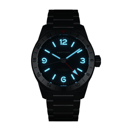Black wristwatch with glowing blue numbers on a white background