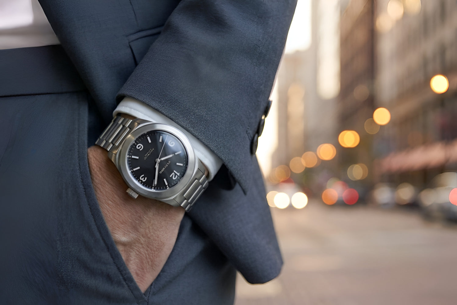 Person wearing a steel watch with a city street in the background