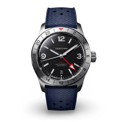 Venturo watch with blue strap and black dial on a white background