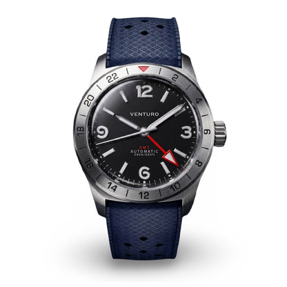 Venturo watch with blue strap and black dial on a white background